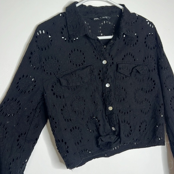 Zara Black Boxy Eyelet Long Sleeve Jacket Top - Picture 3 of 7